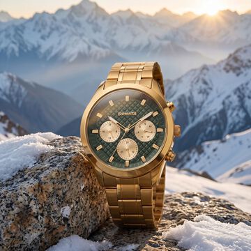 Sonata Multifunction Green Dial Golden Metal Strap Watch For Men