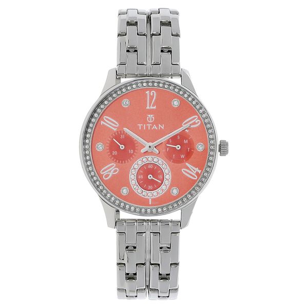 Titan Quartz Multifunction Orange Dial Stainless Steel Strap Watch for Women - image number 0