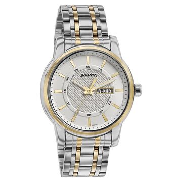 Sonata Quartz Analog with Day and Date White Dial Two Toned Stainless Steel Strap Watch For Men
