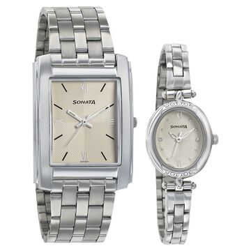Sonata Quartz Analog White Dial Stainless Steel Strap Watch for Couple