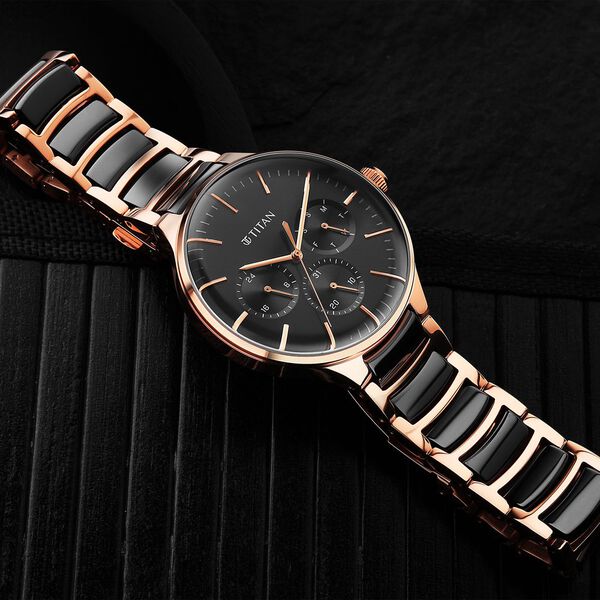 Titan Ceramic Fusion Quartz Multifunction Black Dial Rose Gold Dual-Toned Stainless Steel Bracelet Watch for Men - image number 0