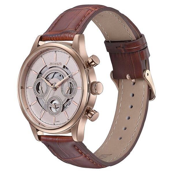 Sonata Wedding Edit Quartz Multifunction Pink Dial Leather Strap Watch For Men - image number 3