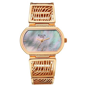 Titan Raga Ethereal Quartz Analog Mother of Pearl Dial Rose Gold Metal Strap Watch For Women