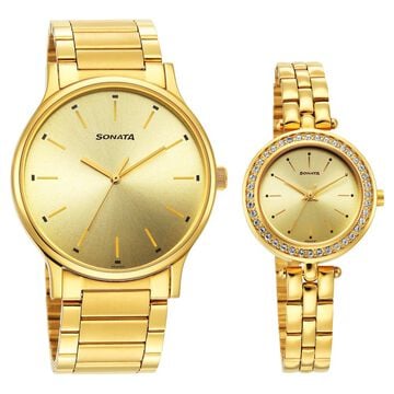 Sonata Quartz Analog Champagne Dial Stainless Steel Strap Watch for Couple