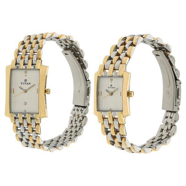 Titan Quartz Analog with Date White Dial Stainless Steel Strap Watch for Couple - image number 1
