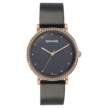 Sonata Quartz Analog Black Dial Black Leather Strap Watch For Women