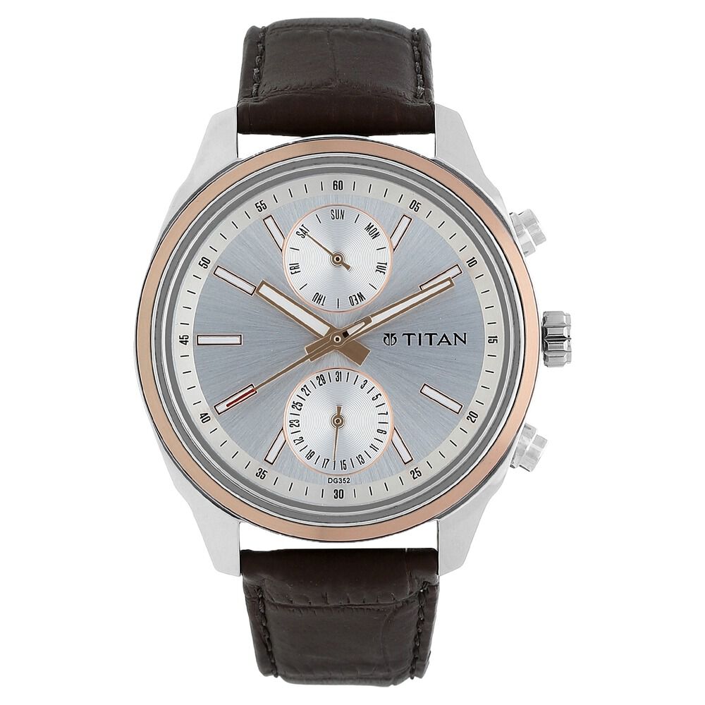 Buy Online Titan Quartz Multifunction Silver Dial Leather Strap Watch for Men ns1733kl02 Titan