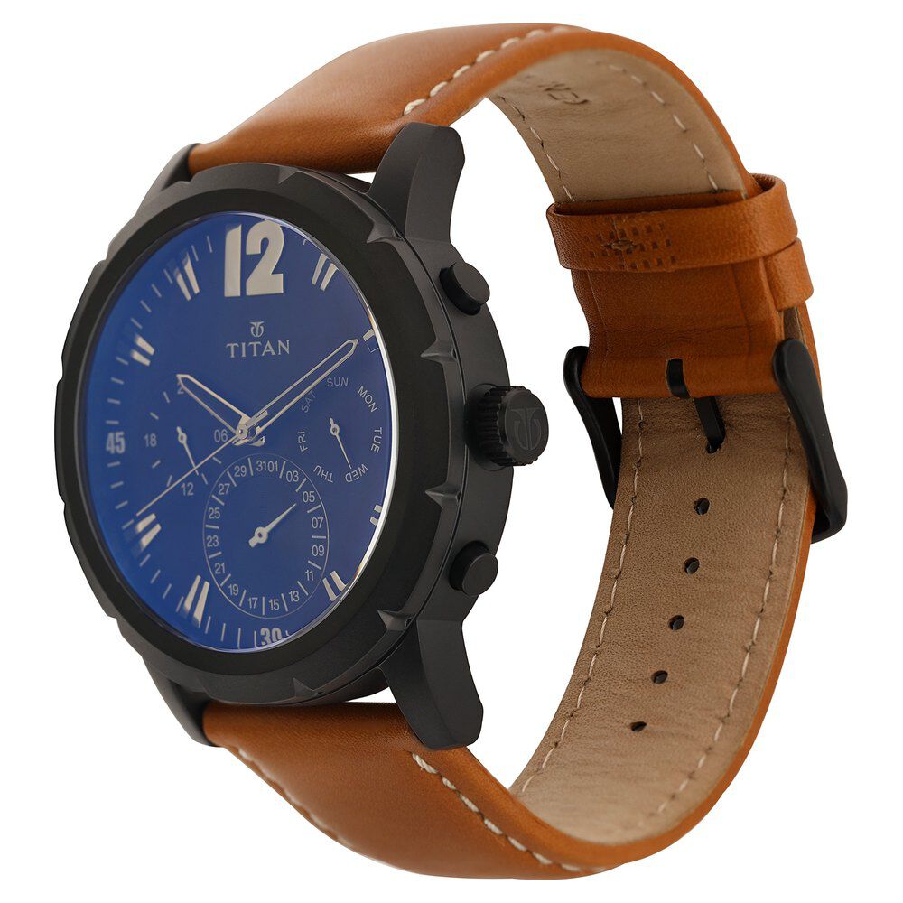 Buy Online Titan Quartz Multifunction Black Dial Leather Strap watch for Men np90050nl02 Titan