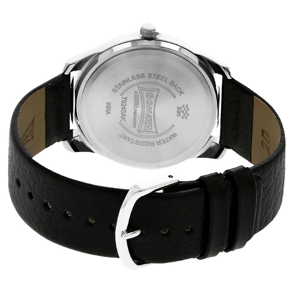 Buy Online Sonata Quartz Analog Silver Dial Leather Strap Watch