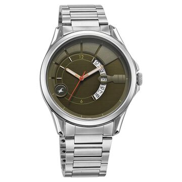 Fastrack Groove Quartz Analog with Date Green Dial Silver Stainless Steel Strap Watch For Guys