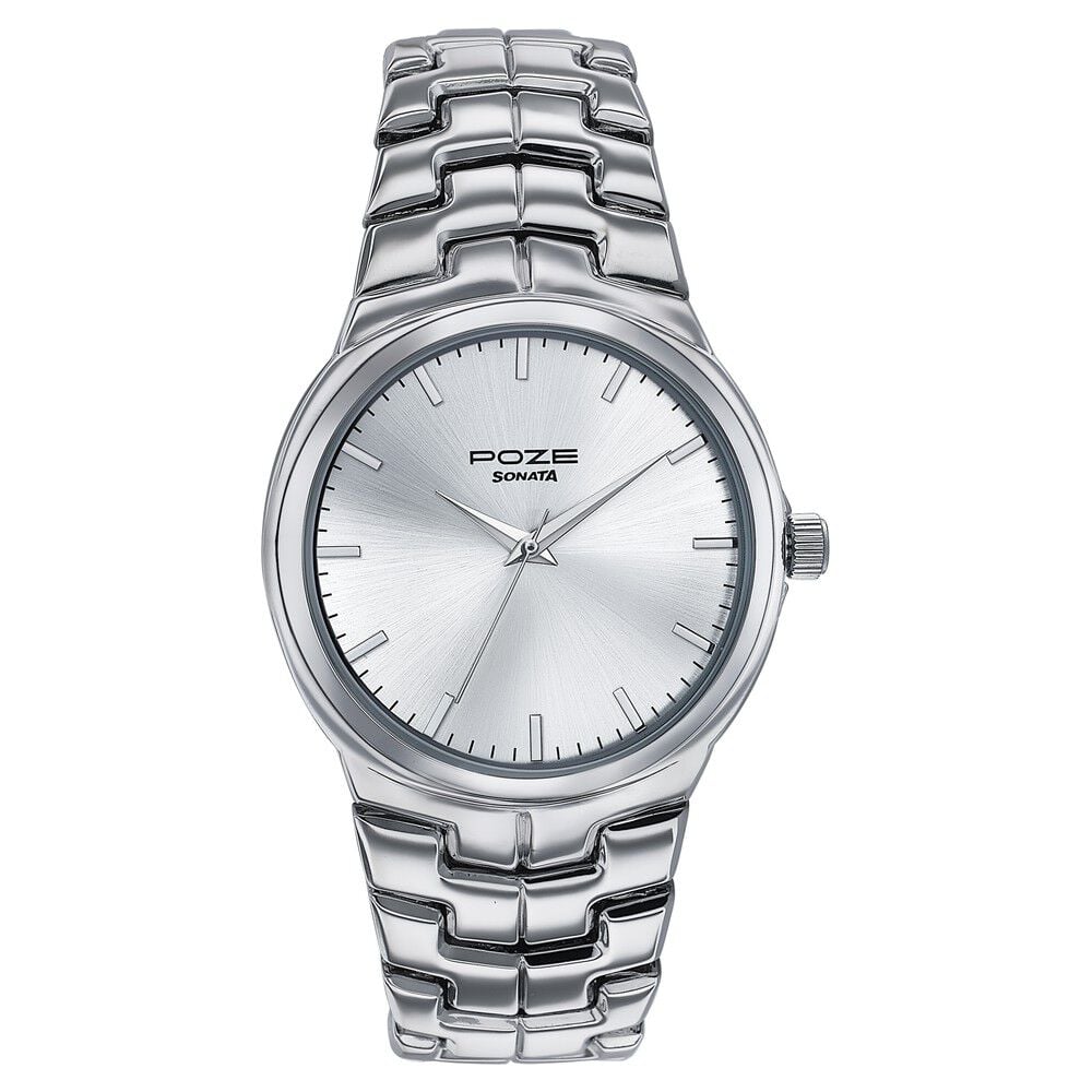 Sonata Poze Quartz Analog Silver Dial Metal Strap Watch For Men-image-11