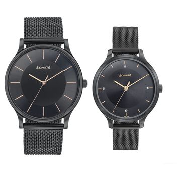 Sonata Modern Bandhan Quartz Analog Black Dial Black Stainless Steel Strap Watch For Couple