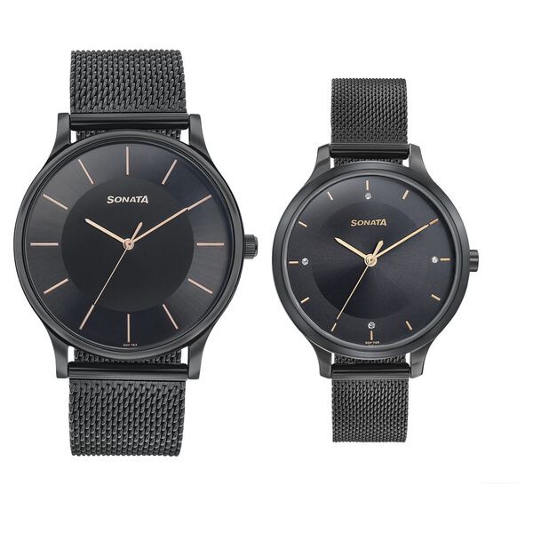 Sonata Modern Bandhan Quartz Analog Black Dial Black Stainless Steel Strap Watch For Couple - image number 0