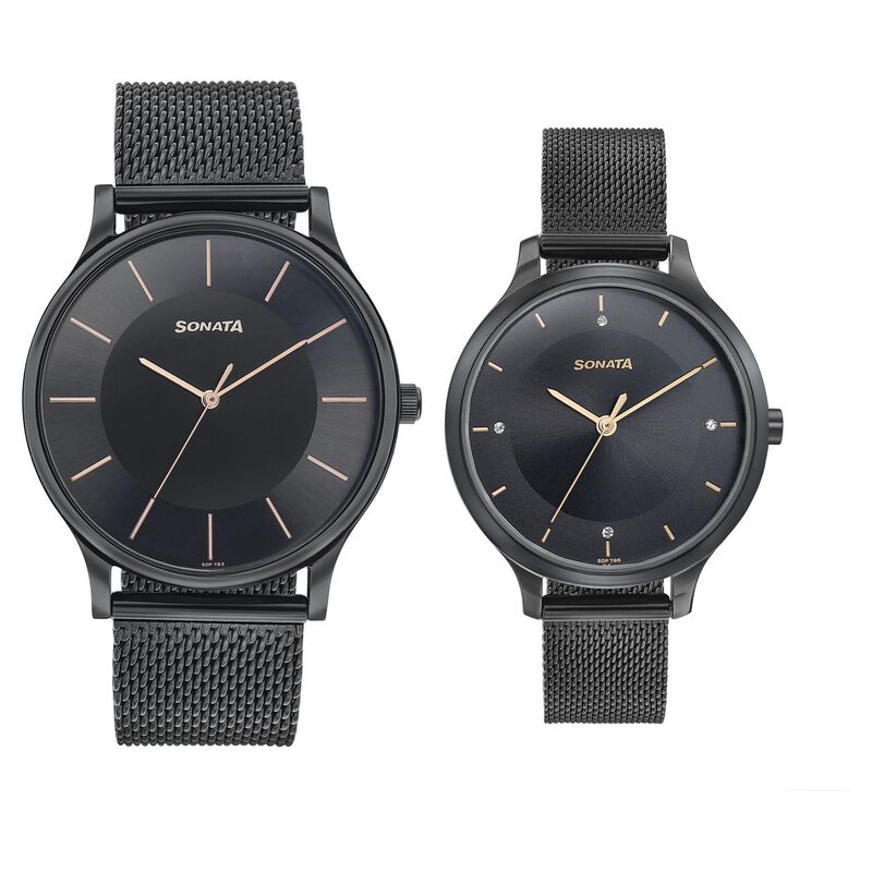 Sonata Modern Bandhan Quartz Analog Black Dial Black Stainless Steel Strap Watch For Couple