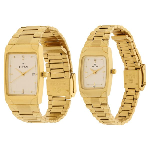 Titan Quartz Analog with Date White Dial Stainless Steel Strap Watch for Couple - image number 1
