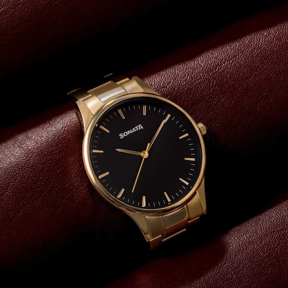 Sonata Quartz Analog Black Dial Golden Stainless Steel Strap Watch For Men-image-11
