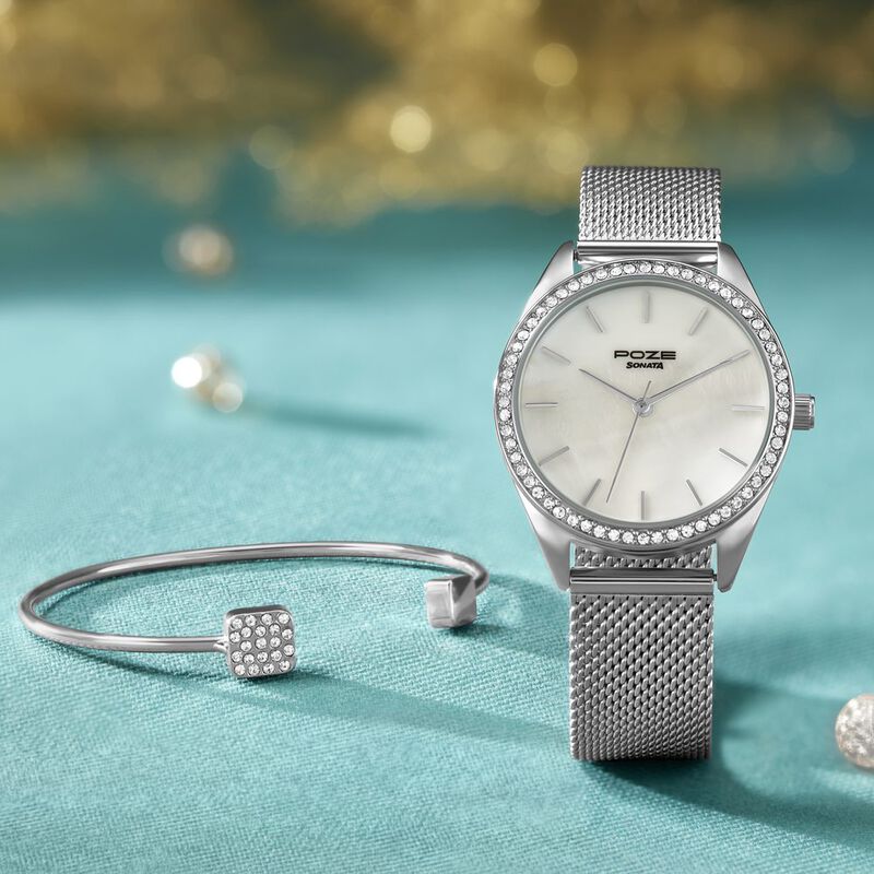 Sonata Poze Quartz Analog Mother of Pearl Dial Silver Color Stainless Steel Strap Watch For Women
