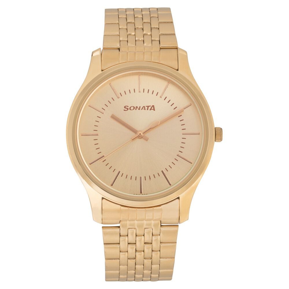 Sonata Essentials Quartz Analog Champagne Dial Golden Stainless Steel Strap Watch For Men-picture-24