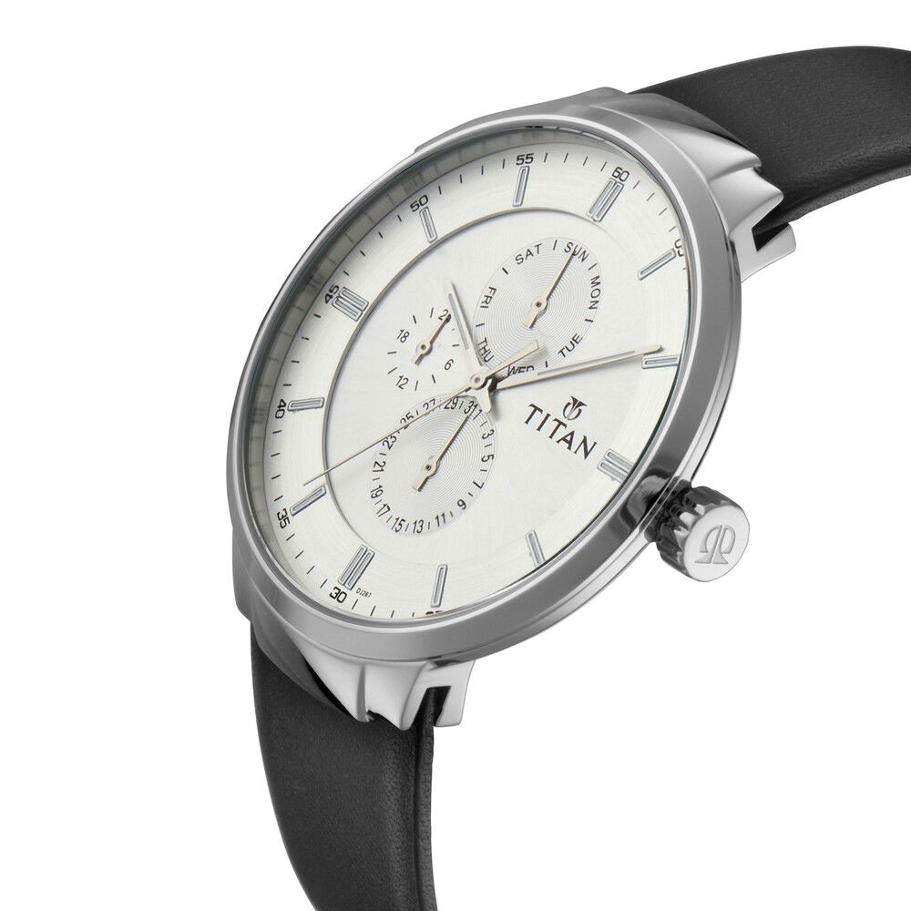 Buy Online Titan Quartz Multifunction Silver Dial Leather Strap