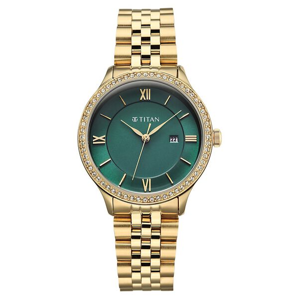 Titan Purple Prestige Quartz Analog with Date Green Dial Golden Stainless Steel Strap Watch For Women - image number 0