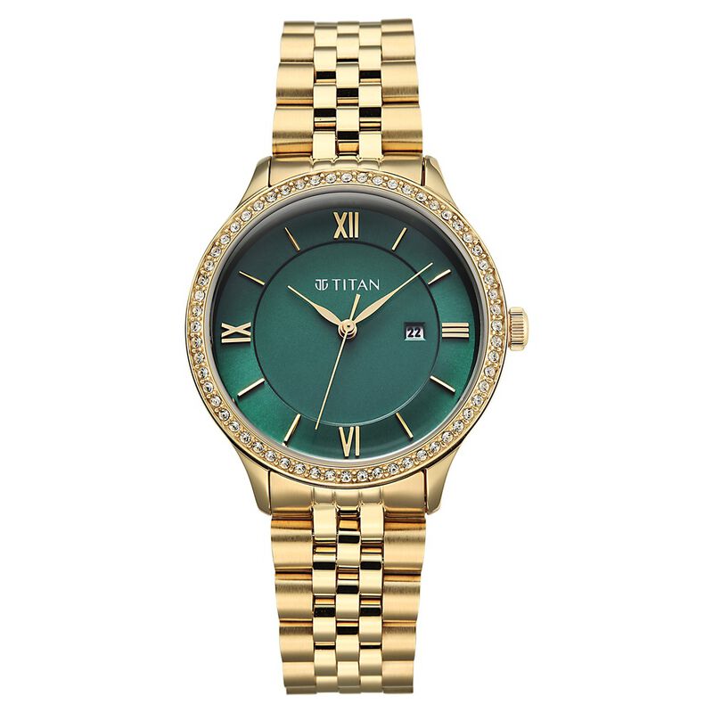 Titan Purple Prestige Quartz Analog with Date Green Dial Golden Stainless Steel Strap Watch For Women