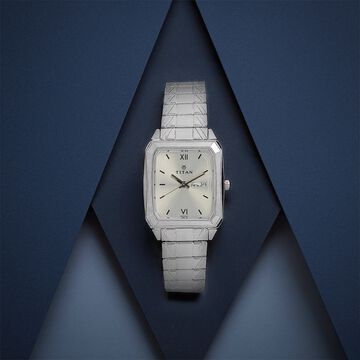 Titan Quartz Analog with Day and Date Silver Dial Silver Stainless Steel Strap Rectangular Shaped Watch For Men