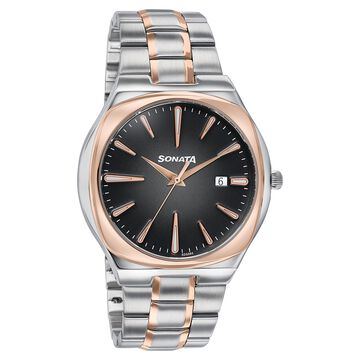 Sonata Festive Quartz Analog Black Dial Two Toned Metal Strap Watch For Men