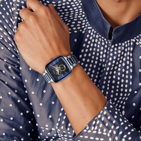 Titan Ceramic Fusion Automatic Square Blue Dial Rose Gold Dual-Toned Stainless Steel Bracelet Watch for Men - image number 6