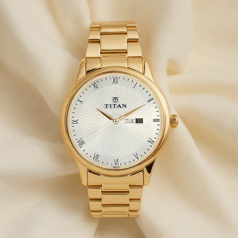 Titan Quartz Analog with Day and Date Silver Round Dial Golden Stainless Steel Strap Watch For Men-image-47