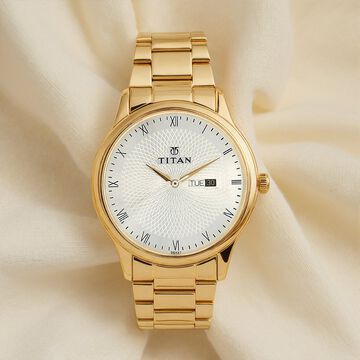 Titan Quartz Analog with Day and Date Silver Round Dial Golden Stainless Steel Strap Watch For Men