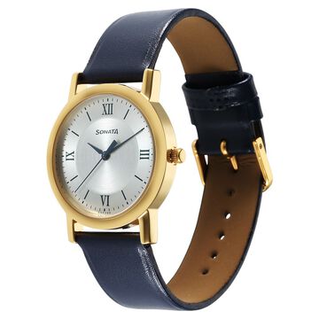 Sonata Classic Quartz Analog Silver Dial Blue Leather Strap Watch for Men