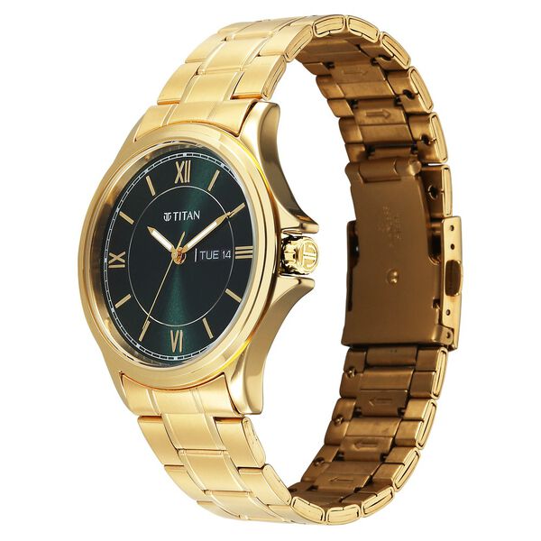 Titan Karishma Quartz Analog with Day and Date Green Dial Golden Stainless Steel Strap Watch For Men - image number 4