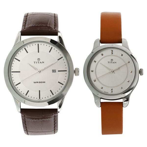 Titan Bandhan White Dial Analog Leather Strap Watch for Couple - image number 0