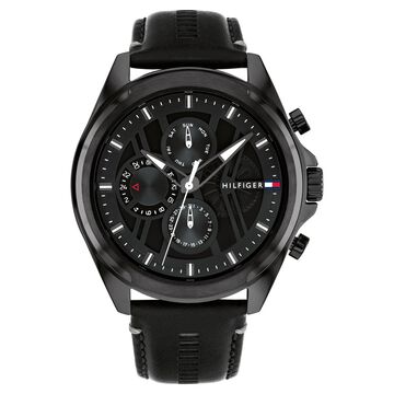 Tommy Hilfiger Multifunction Black Dial Black Color Leather Strap Watch For Men