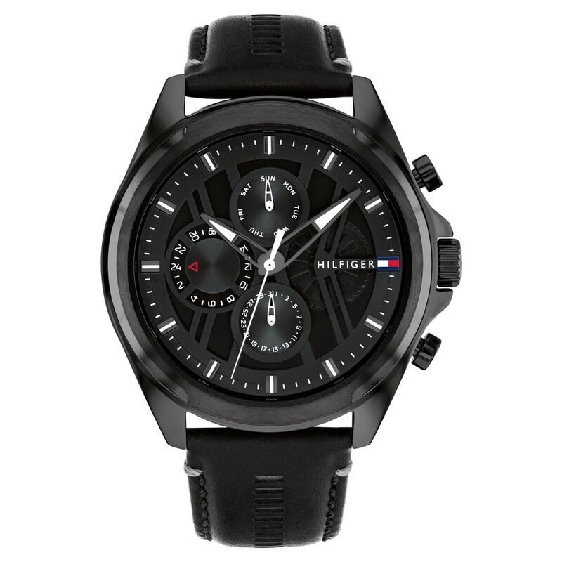 Tommy Hilfiger Multifunction Black Dial Black Color Leather Strap Watch For Men