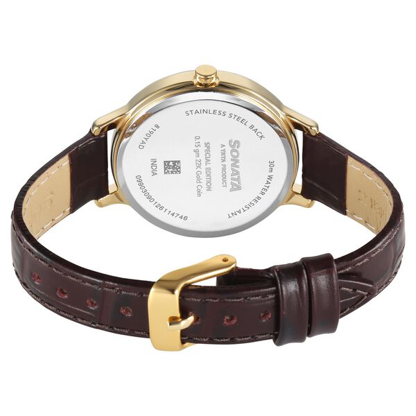 Sonata Gold Quartz Analog Regal Maroon With Gold Coin Dial Brown Leather Strap Watch For Women - image number 6