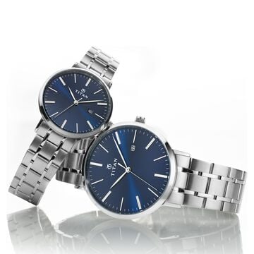 Titan Quartz Analog with Date Blue Dial Stainless Steel Strap Watch for Couple