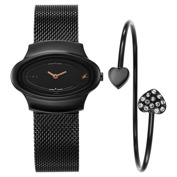 Fastrack Pulse Quartz Analog Black Dial Black Stainless Steel Strap Oval Shaped Watch For Girls - image number 0