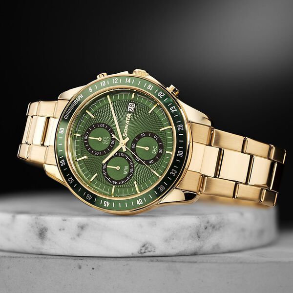 Sonata Chronos Quartz Analog with Date Green Dial Golden Colour Stainless Steel Strap Watch For Men - image number 0
