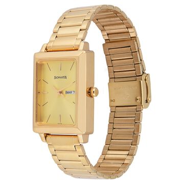 Sonata Quartz Analog with Day and Date Champagne Dial Stainless Steel Strap Watch for Men