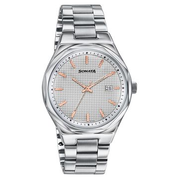 Sonata Jashn Quartz Analog Grey Dial Silver Metal Strap Watch For Men