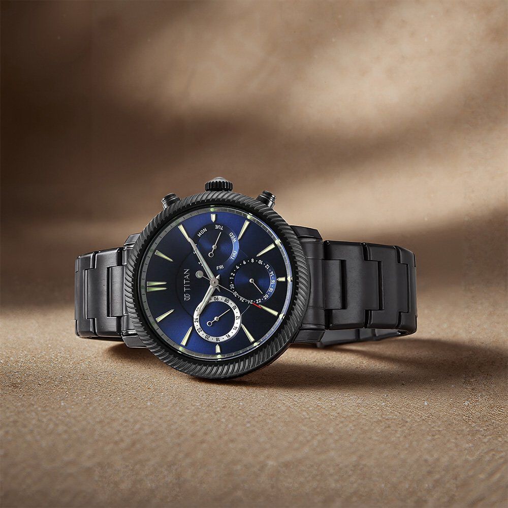 Titan Stellar Multifunction Blue Dial Black Stainless Steel Strap Watch For Men-picture-30