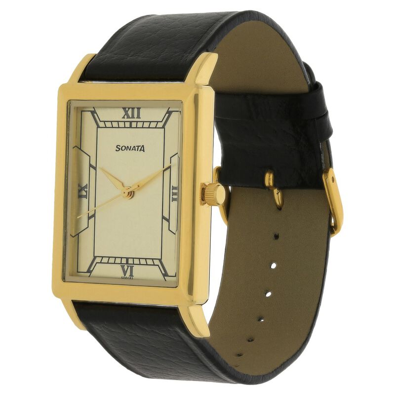 Sonata Quartz Analog Champagne Dial Leather Strap Watch for Men - image number 1