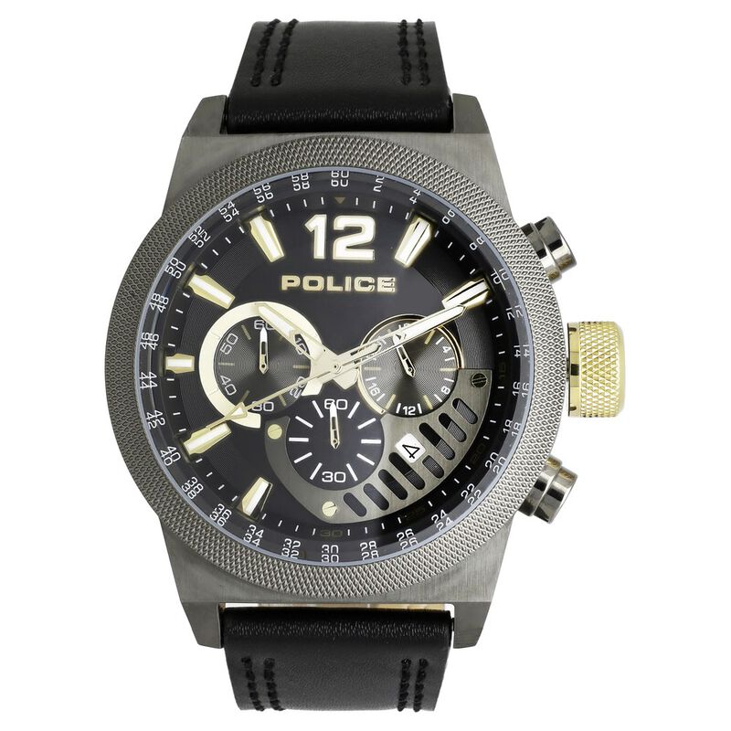 Police Quartz Chronograph Black Dial Leather Strap Watch for Men