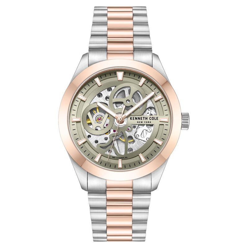 Kenneth Cole Mechanical Hand Wound Analog Mechanical Grey Dial With Two Toned Stainless Steel Strap Watch For Men