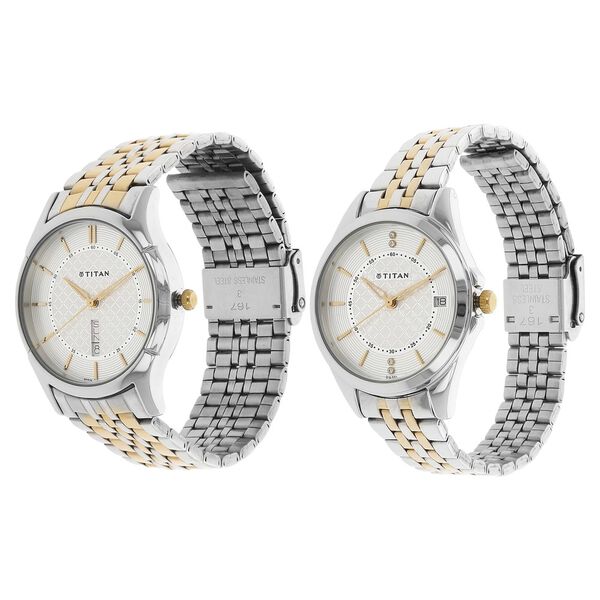 Titan Quartz Analog with Day and Date Silver Dial Stainless Steel Strap Watch for Couple - image number 1