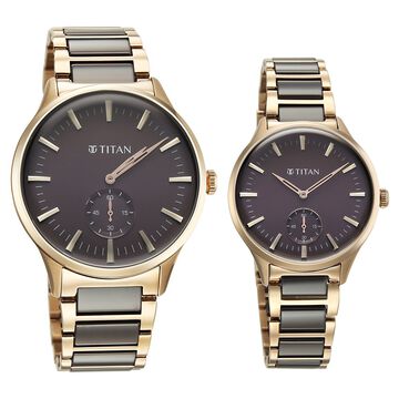 Titan Modern Bandhan Pair Analog with Grey Dial Ceramic and Carnation Gold Stainless Steel Strap Watch for Couples