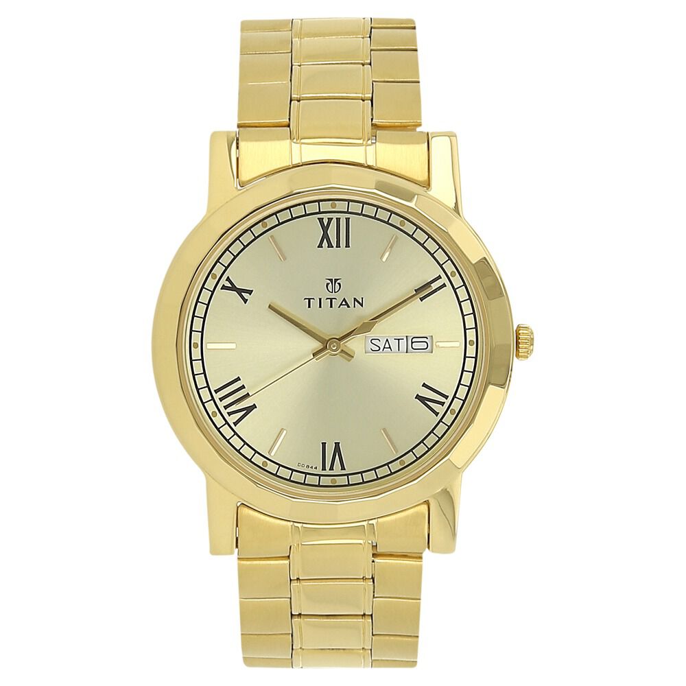 Buy Online Titan Quartz Analog with Day and Date Champagne Dial Stainless Steel Strap Watch for Men ns1644ym03 Titan