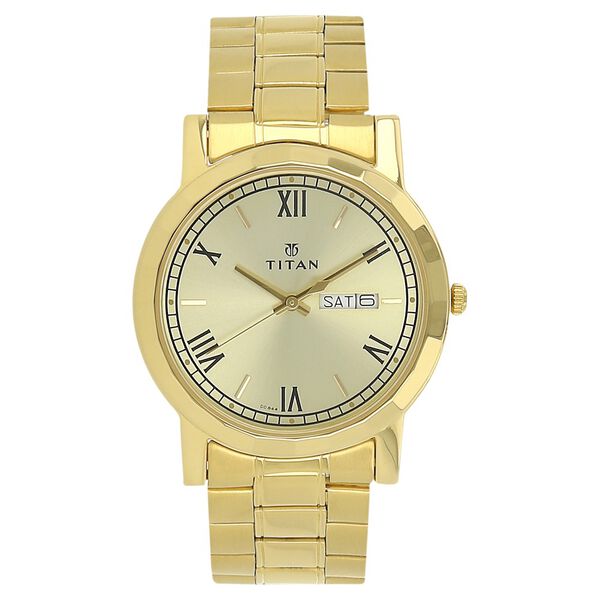 Titan Quartz Analog with Day and Date Champagne Dial Stainless Steel Strap Watch for Men - image number 0