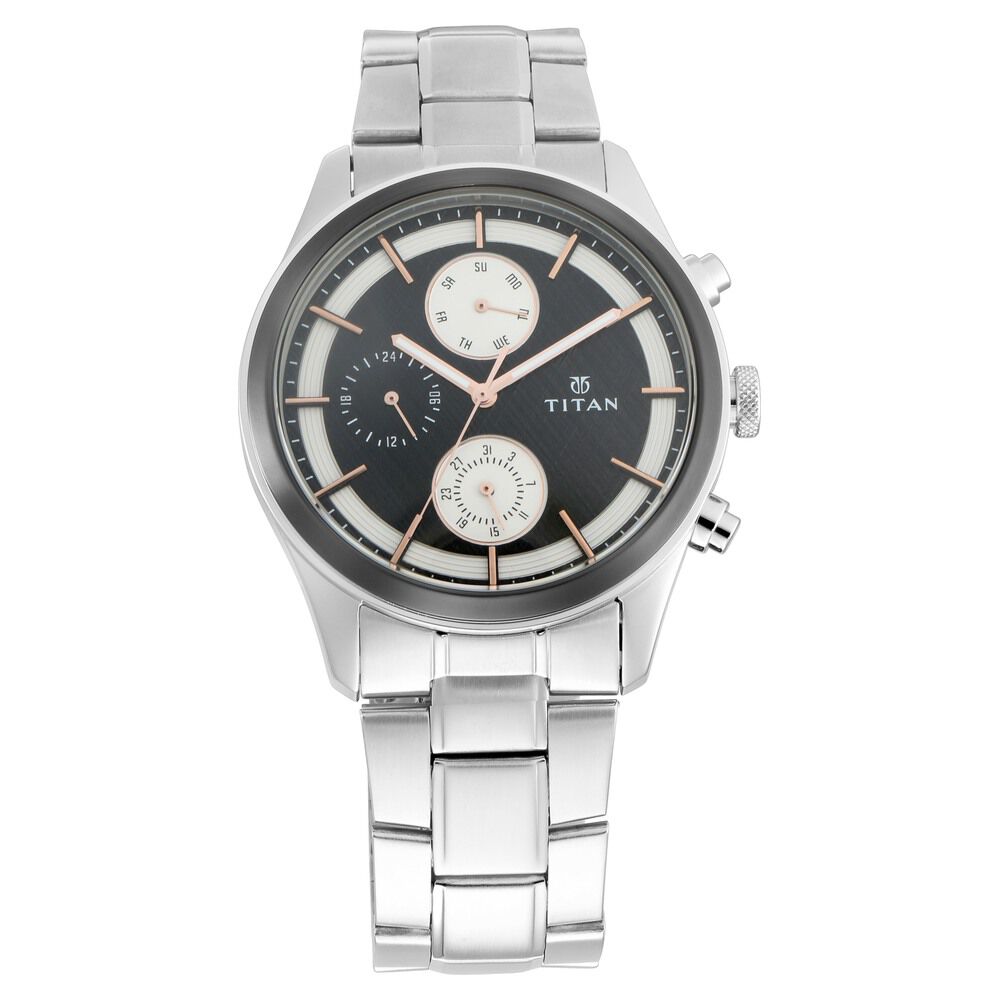 Buy Online Titan Quartz Analog with Day and Date Black Dial Stainless Steel Strap Watch for Men ns1805km01 Titan